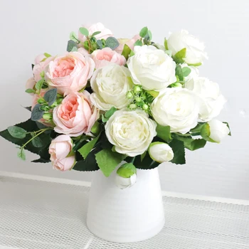 Kvalitetan Umjetno Cvijeće Božur Bijelo Ružičasti Buket Ruža Kućni Svadbena Dekoracija Lažni Cvijeće Zanat Aranžmana Za Dnevni Boravak