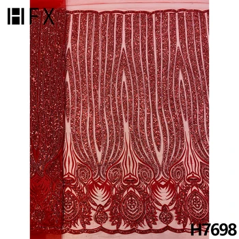 HFX Afrička Teške cvjetne čipke tkanina s Perlicama, Francuski cvjetne čipke Tkanina sa šljokicama, Visokokvalitetna Vezene za Zurke, Večernja Haljina, Dobra Cijena H7698