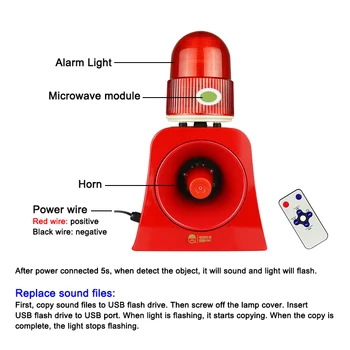 Industrijski Bežični Mikrovalna Senzor Pokreta Audio Vizualni Mjerač LED Treperi Svjetionik Light Sirena sa USB-Priključkom