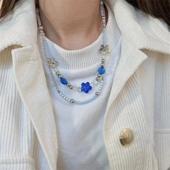 AOMU Koreja Jednostavan Vintage Plave Smole Perle Cvijet Ogrlicu Nepravilnog Geometrijskog Oblika Tanak Duga Ogrlica za Večernji Pribor za Žene