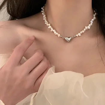 Francuski prirodni Slatkovodni biseri ogrlice, modni Retro Elegantan Baroka Magnet u obliku srca Privjesak Lanac ključnu kost