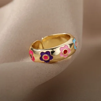 Višebojne Cvijet Otvoreni Prsten Za Žene Zlatnu Boju Od Nehrđajućeg Čelika Donje Angažman Vjenčani Prsten, Nakit Poklon Za Valentinovo