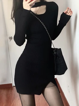 Pletenje Dugi Rukav Mini Crne Haljine Ženske Vruće Dame Stimuliranje Ular Jednostavan Mladi Modni Korejski Stil Jesen Novi Dolazak Ins Rez