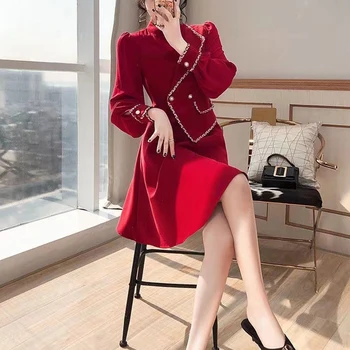 2022 Modni kolaž nepravilno crvena haljina, ženski Uske Haljine, jesen-zima, temperamentni struk, трапециевидное elegantan ženski večernja haljina