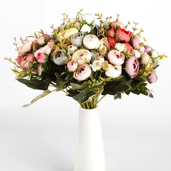 1 buket umjetnih boja jeftini lažni biljke Male čajne ruže vjenčanje ukrasno cvijeće vaza za uređenje doma pribor