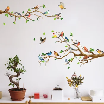 Kineski Stil Vintage Naljepnica S Pticom Dnevni boravak Kauč Dekor Naljepnice Wall Art 3D Grana Stabla Zeleno Lišće Naljepnice