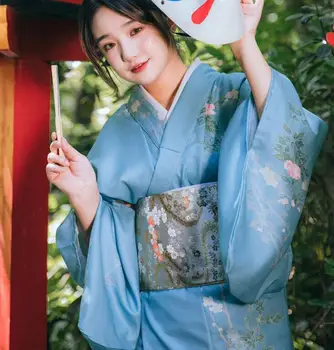 Tradicionalna Japanska Kimona Donje Večernja haljina Vintage Ispis Dnevno Gejše Drevna Proljeće Plava