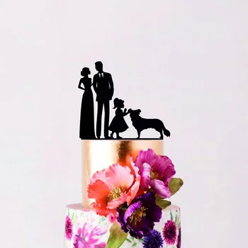 Obiteljski vjenčanje topper za tortu, mladenka i Mladoženja sa djevojčica i psom, Par s djetetom, Dekoracija za tortu
